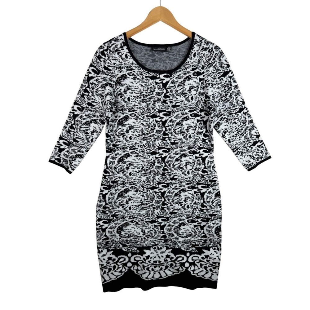 Nina Leonard Womens Black and White Jacquared Knit Sweater Dress Size Small